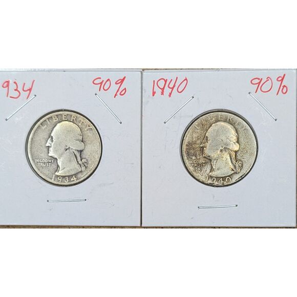 Other - 1934 & 1940 Washington Quarters – 90% Silver Pair, Vintage U.S. Coins